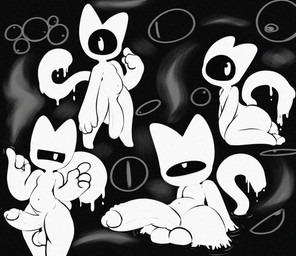 1_eye 4_fingers anthro balls big_balls big_penis black_sclera butt fingers genitals huge_balls huge_penis humanoid_genitalia humanoid_penis kneeling male male_anthro navel penis solo thick_thighs white_body white_eyes rabblet o_(rabblet) domestic_cat felid feline felis ghost mammal spirit 2022 hi_res monochrome
