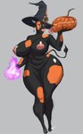 anthro areola big_breasts biped black_body black_fur blue_eyes breasts clothing curvy_figure ear_piercing female fur genitals grey_background hat headgear headwear holidays horn huge_breasts jack-o'-lantern magic magic_user multicolored_body multicolored_fur nipples nude orange_body orange_fur piercing pink_areola pink_nipples pussy simple_background solo standing tail tail_tuft tuft two_tone_body two_tone_fur white_horn wide_hips witch witch_hat besky_(artist) halloween bovid bovine cattle mammal 2021 guide_lines hi_res signature