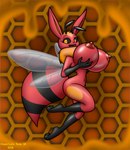 antennae_(anatomy) anthro areola arthropod bee big_breasts black_sclera breasts chameloshi eevee female food generation_1_pokemon hi_res honey_(food) honeycomb honeycomb_background huge_breasts hybrid hymenopteran insect looking_at_viewer membrane_(anatomy) membranous_wings navel nintendo nipples nude pokemon pokemon_(species) solo thorax wings