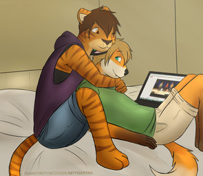 anthro bed brown_eyes clothing computer countershading duo electronics furniture hug hugging_another hugging_from_behind inside laptop male male/male on_bed sitting text mytigertail gabe_(mytigertail) lan_(zeta-haru) felid mammal pantherine tiger 2014 url