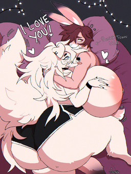 anthro areola bed between_breasts big_areola big_breasts big_butt black_bottomwear black_clothing black_shorts blep blue_eyes blush bottomwear breasts brown_eyes brown_hair butt choker clothed clothing cuddling dolphin_shorts duo ear_piercing eyelashes female fur furniture hair hand_on_breast heart_symbol hug huge_breasts huge_butt huge_thighs hyper hyper_breasts hyper_butt i_love_you jewelry male male/female messy_hair necklace nipples piercing pillow pink_body pink_fur purple_bedding shorts string_lights sweatdrop_(iconography) tail tail_motion thick_thighs tongue tongue_out topless topless_female topless_male white_body white_fur white_hair vetarix lily_(vetarix) mush_(themushlord) canid canine canis domestic_dog lagomorph leporid mammal rabbit hi_res
