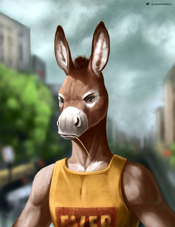 anthro blue_eyes blurred_background brown_body brown_fur brown_hair clothed clothing day front_view fur glistening glistening_eyes hair male male_anthro mouth_closed outside short_hair solo white_body white_fur satanic_monkey asinus donkey equid equine mammal bust_portrait hi_res portrait