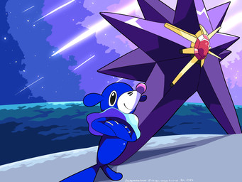 ambiguous_gender black_eyes blue_body duo feral markings purple_body sky smile standing_on_tail star starry_sky tail whisker_markings sleepy_sealion nintendo pokemon pokemon_legends_z-a generation_7_pokemon generation_9_pokemon mega_evolution mega_starmie pokemon_(species) popplio 2025 4:3 absurd_res dated hi_res signature