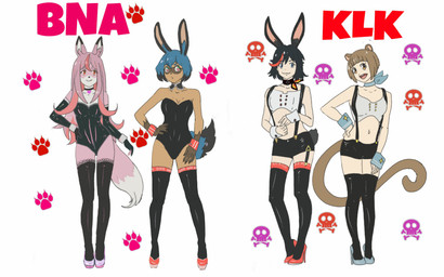 alternate_species anthro armwear black_body black_fur black_hair blue_body blue_eyes blue_fur blue_hair breasts brown_body brown_eyes brown_fur brown_hair bunny_costume choker clothed clothing costume cuff_links elbow_gloves female fluffy fluffy_tail footprint footwear fur gloves group hair hand_on_hip handwear high_heels jewelry legwear long_hair multicolored_body multicolored_fur multicolored_hair navel necklace pawprint pink_body pink_fur pink_hair shoes skull_and_crossbones suspenders tail thigh_highs white_body white_fur osnach_kristina brand_new_animal kill_la_kill studio_trigger mako_mankanshoku michiru_kagemori nazuna_hiwatashi ryuko_matoi animal_humanoid canid canine fox humanoid lagomorph lagomorph_humanoid leporid_humanoid mammal mammal_humanoid rabbit_humanoid raccoon_dog tanuki 2020 crossover hi_res