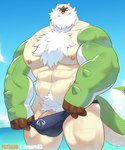abs anthro beard blue_clothing blue_speedo blue_swimwear body_hair chesnaught chest_hair clothing daddyfication facial_hair flaccid generation_6_pokemon genitals hi_res interspecies male muscular muscular_anthro muscular_male nintendo nipples o-ro partially_submerged pecs penis penis_base pokemon pokemon_(species) pubes solo speedo speedo_down swimwear