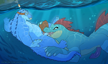 animal_genitalia animal_penis anthro belly blue_body blue_scales bubble duo erection facial_piercing genitals humanoid_genitalia humanoid_penis larger_penetrated male male/male male_penetrated male_penetrating male_penetrating_male nose_piercing overweight overweight_anthro overweight_male penetration penis piercing scales sex sharp_teeth size_difference small_top_big_bottom snorkel snorkeling teeth underwater underwater_blowjob ventral_scales water ahoge_(artist) nintendo pokemon alligator alligatorid crocodilian feraligatr generation_2_pokemon pokemon_(species) reptile scalie