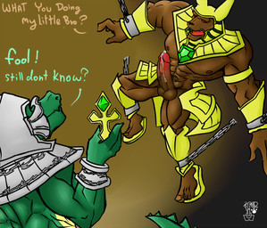 anthro balls bdsm bodily_fluids bound brown_body brown_fur chain cuff_(restraint) dialogue duo erection fur genital_fluids genitals green_body green_scales male male/male muscular muscular_male penis precum restraints scales shackles text year wulfer-shepherd league_of_legends riot_games tencent nasus_(lol) renekton anubian_jackal canid canine canis crocodile crocodilian deity jackal mammal reptile scalie 2011 english_text brother_(lore) brothers_(lore) sibling_(lore)