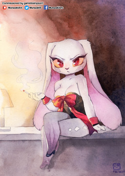 anthro biped bow_tie breasts chibi cigarette clothed clothing crossed_legs female fur holding_object inside long_ears looking_at_viewer sitting smoking solo white_body white_fur murazaki dreamkeepers silk_(dreamkeepers) lagomorph leporid mammal rabbit absurd_res hi_res traditional_media_(artwork)