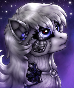 ambiguous_gender blue_eyes cosmic_background cybernetics feral fur glistening glistening_eyes grey_body grey_fur grey_hair hair looking_up machine mouth_closed side_view solo space space_background killthe_demon hasbro my_little_pony cyborg hi_res