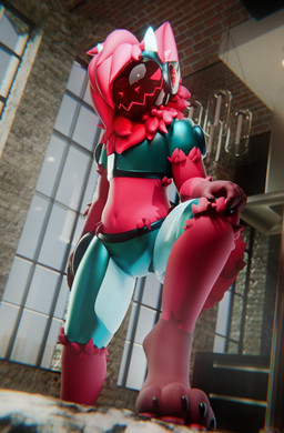 2_horns 4_toes anthro bottomwear claws clothing crop_top cybernetics digitigrade dutch_angle electronics feet fur glistening_face hair hair_over_eye hand_on_knee hand_on_leg hand_on_own_knee hand_on_own_leg headphones horn inner_ear_fluff inside looking_at_viewer low-angle_view machine male midriff naughty_face navel neck_tuft pants protogen_armor protogen_face protogen_visor red_body red_eyes red_fur red_hair screen screen_face shirt short_hair smile smiling_at_viewer solo teal_bottomwear teal_clothing teal_pants teal_shirt teal_topwear toes topwear tuft window vincead jizzyfox_(modeler) shane_(vincead) cyborg protogen 2026 3d_(artwork) chromatic_aberration digital_media_(artwork) hi_res