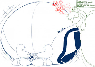 anthro arthropod_abdomen dialogue green_text hyper_abdomen inflation motion_lines one_eye_closed onomatopoeia sleeping sound_effects text imhiddenhare ix-37 lea_(imhiddenhare) nito_(imhiddenhare) arachnid arthropod spider 2026 english_text hi_res