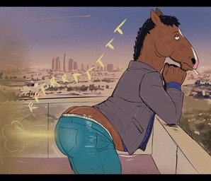 anthro balcony black_bars blazer bottomwear brown_body cigarette cigarette_in_mouth clothing denim denim_bottomwear denim_clothing fart fart_cloud hanging_belly jeans leaning leaning_forward male object_in_mouth onomatopoeia pants smoking smoking_cigarette solo sound_effects stink_fumes tailless text kurtis496 bojack_horseman netflix bojack_horseman_(character) equid equine horse mammal 2025 colored digital_drawing_(artwork) digital_media_(artwork)