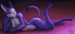 anthro breasts claws female fur gradient_background looking_at_viewer nipples nude purple_body purple_fur relaxing simple_background solo white_body white_fur sacrificabominat .hack cyberconnect2 mia_(.hack) domestic_cat felid feline felis mammal absurd_res hi_res