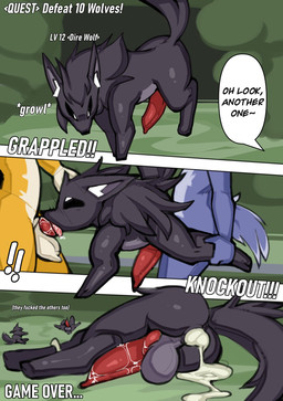 anal animal_genitalia animal_penis anthro anthro_on_feral anthro_penetrating anthro_penetrating_feral balls bestiality black_body black_fur blue_body blue_fur bodily_fluids canine_genitalia canine_penis competition cum cum_from_ass cum_in_ass cum_inside deep_throat defeat_sex dialogue fellatio feral feral_penetrated fluffy_fur forest fur genital_fluids genitals group growling lying male male/male multicolored_body multicolored_fur on_side oral oral_penetration penetration penile penis plant profanity quest sex sexual_competition sexual_fight side_view spitroast text tree trio two_tone_body two_tone_fur yellow_body yellow_fur npc5554 instant_loss_2koma canid canine dire_wolf mammal prehistoric_species comic english_text hi_res