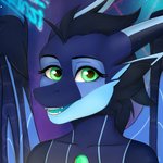 anthro blue_hair blurred_background cheek_spikes cheek_tuft eyebrows eyelashes facial_spikes facial_tuft fangs female gem glistening glistening_eyes green_eyes hair happy horn looking_at_viewer machine multi_horn simple_background smile snout solo spikes spikes_(anatomy) star teeth tongue tuft wings bellfa cd_projekt_red cyberpunk_2077 european_mythology mythology baythyl dragon mythological_creature mythological_scalie robot scalie western_dragon 1:1 absurd_res bust_portrait digital_drawing_(artwork) digital_media_(artwork) hi_res portrait signature