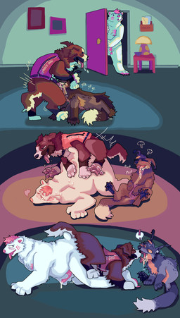 all_fours anal animal_genitalia animal_penis anthro anthro_on_feral ass_to_ass balls bestiality bodily_fluids canine_genitalia canine_penis cum cum_in_mouth cum_inside cum_on_face cum_on_tongue dipstick_tail doggystyle erection face_fucking fellatio female feral french_kissing from_behind_position fur genital_fluids genitals group hair indoor_nudity inside irrumatio kissing knotting licking licking_cum licking_tongue male male/male male_penetrated male_penetrating male_penetrating_male markings masturbating_while_penetrated masturbation nipples nude open_mouth oral oral_penetration pawpads paws penetration penile penis penis_in_mouth penis_tip saliva service_dog_harness sex size_difference sloppy_kiss tail tail_markings tongue tongue_out trio vulva walk-in guncht bryn_(polar_bear) korwin bear bernese_mountain_dog binturong canid canine canis domestic_dog mammal molosser mountain_dog polar_bear swiss_mountain_dog ursine viverrid absurd_res comic hi_res