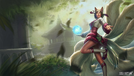 9_tails asian_clothing breasts building clothing day east_asian_clothing facial_markings female footwear hair head_markings leaf looking_at_viewer magic markings multi_tail on_one_leg orb outside plant shrub socks solo standing tail tree water kienan_lafferty league_of_legends riot_games tencent ahri_(lol) dynasty_ahri_(lol) animal_humanoid canid canid_humanoid canine canine_humanoid fox_humanoid humanoid mammal mammal_humanoid 2011 hi_res official_art