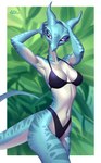 anthro bikini black_bikini black_clothing black_swimwear blue_body blue_scales border breasts clothing eyelashes female horn looking_away navel pose purple_eyes scales solo stripes swimwear tail two-piece_swimsuit white_body white_border white_scales holivi mythology dragon mythological_creature mythological_scalie scalie wingless_dragon absurd_res hi_res portrait three-quarter_portrait