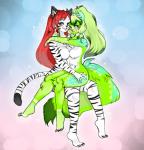 2013 anthro blue_eyes blue_markings blush breasts canid canine canis claws domestic_dog duo embrace felid female fur green_body green_eyes green_fur green_hair hair hug long_hair looking_at_viewer mammal markings melon_ramune nude on_lap pantherine picorna red_hair rika_windblade sitting sitting_on_lap stripes tiger tongue tongue_out white_body white_fur young young_anthro young_female