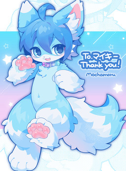 anthro blue_body blue_eyes blue_fur blue_hair chibi collar fur hair inner_ear_fluff kemono male pawpads paws smile solo star thick_thighs tuft mochamoru mikey_(mikey_fox) canid canine fox mammal hi_res