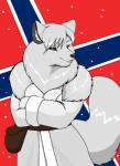2013 anthro arctic_fox big_tail black_eyes black_nose breasts canid canine clothed clothing coat crossed_arms droll3 female fluffy fox fur hi_res mammal norway norwegian norwegian_flag open_mouth pink_tongue solo tail takras_(droll3) thick_thighs tongue topwear true_fox white_body white_fur world_war world_war_1 world_war_2