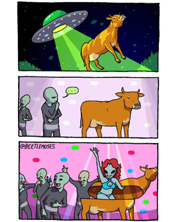 alien_abduction bikini black_eyes blue_bikini blue_clothing blue_swimwear cellphone clothing electronics ellipsis flying_saucer grey_body grey_skin hair jumpsuit laugh night party phone plant red_hair shush stripper surprised swimwear tractor_beam tree two-piece_swimsuit beetlemoses alien bovid bovine cattle mammal roswell_grey 4:5 comic hi_res