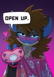 anthro babying_viewer blue_body blue_ears blue_eyes blue_fur blue_insides blush blush_lines bodily_fluids brown_hair command dialogue dominant eyewear female fur glasses hair heart_symbol holding_pacifier long_hair looking_at_viewer pacifier saliva saliva_string solo speech_bubble wearing_glasses pankallisti circe_(pankallisti) mammal murid murine rat rodent hi_res