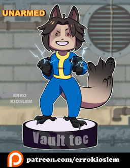 anthro avian_feet blue_clothing brown_hair claws clothing electricity feathers female fur grin hair smile solo tail vault_suit errokioslem fallout microsoft avian bird corvid corvus_(genus) crow domestic_cat felid feline felis hybrid mammal oscine passerine hi_res