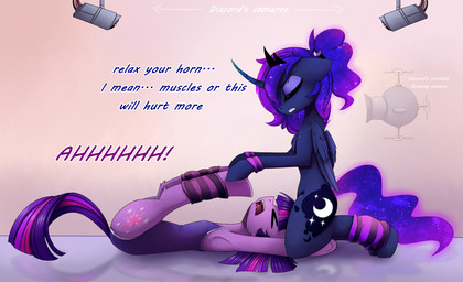 blue_body blue_feathers blue_hair camera clothing cutie_mark dialogue duo feathered_wings feathers female feral hair horn ponytail sparkles text wings yoga magnaluna friendship_is_magic hasbro my_little_pony mythology princess_luna_(mlp) twilight_sparkle_(mlp) equid equine horse mammal mythological_creature mythological_equine pony winged_unicorn 2016 english_text hi_res