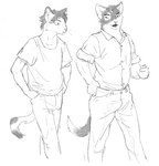 anthro black_hair clothed clothing dialogue dress_shirt duo fully_clothed hair hand_on_belt hands_in_both_pockets male shirt tail topwear walking cettus natan_osorio_suarez domestic_cat felid feline felis mammal 2021 monochrome sketch