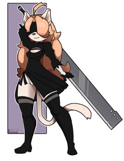 adolescent anthro biped black_clothing black_dress black_gloves black_handwear blindfold boots bottomwear cleavage_cutout clothed clothing cosplay costume crossover_cosplay cutout dress female footwear fur gloves hair hair_over_eye handwear high_heeled_boots high_heels holding_melee_weapon holding_object holding_sword holding_weapon legwear leotard long_hair melee_weapon pink_hair shoes simple_background skirt smile solo stockings sword tail thigh_highs topwear underwear weapon white_body white_clothing white_fur white_underwear young na-nu-na-12 cyberconnect2 fuga:_melodies_of_steel little_tail_bronx nier_automata platinumgames hanna_fondant yorha_2b domestic_cat felid feline felineko felis mammal crossover hi_res