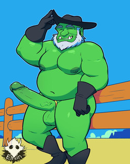 accessory balls beard big_penis body_hair boots chest_hair clothing cock_ring cowboy erection eyes_closed facial_hair fence footwear genitals glans gloves green_balls green_body green_glans green_penis green_skin grin hair handwear hat headgear headwear humanoid_genitalia humanoid_penis jewelry male mature_humanoid mature_male mostly_nude muscular muscular_humanoid muscular_male nipples not_furry penis penis_accessory penis_jewelry shoes slightly_chubby smile solo vein veiny_penis white_hair elfein humanoid orc hi_res