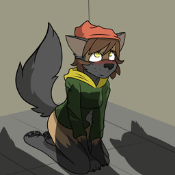 beanie black_nose blush bodily_fluids bottomless breasts brown_hair butt clothed clothing female floor fur fur_growth grey_body grey_fur group growth hair handpaw hat headgear headwear hoodie inside kneeling legs_together looming_over mid_transformation paws scared shadow sitting sitting_on_ground snout solo solo_focus sweat tile tile_floor topwear yellow_eyes frankenjade sam_(frankenjade) canid canine canis humanoid mammal wolf 1:1 2022 absurd_res colored hi_res story story_in_description