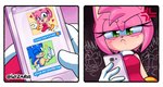 accessory angry anthro black_nose blue_body blue_fur bodily_fluids duo electronics eyelashes female fur green_eyes hair hair_accessory hairband holding_object holding_phone instant_messenger phone pink_body pink_hair short_hair sweat sweatdrop wizaria sega sonic_the_hedgehog_(series) amy_rose sonic_the_hedgehog eulipotyphlan hedgehog mammal 2021 hi_res