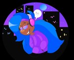 anthro big_hair blue_hair buckteeth clothing electronics female hair headphones hypnosis hypnotic_music mind_control night pink_nose purple_clothing purple_shirt purple_topwear shirt solo spiral_eyes teeth topwear tempson harriet_(tempson) eulipotyphlan hedgehog mammal absurd_res hi_res