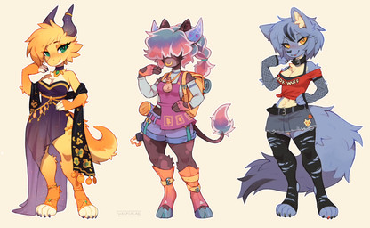alternative_fashion anthro apron armwear backpack belt bottomwear breasts claws cleavage clothed clothing collar denim denim_bottomwear denim_clothing denim_skirt dress facial_piercing female fishnet_armwear fishnet_clothing footwear fur group hair hair_over_eyes hooves inner_ear_fluff jewelry legwear looking_at_viewer miniskirt multicolored_outline navel necklace nose_piercing nose_ring outline piercing pose ring_piercing scarf septum_piercing septum_ring shin_guards shorts simple_background skirt stockings thick_thighs thigh_highs topwear torn_clothing torn_legwear torn_stockings trio tuft two_tone_outline waspsalad european_mythology greek_mythology mythology bovid bovine canid canine canis furred_kobold furred_scalie kobold mammal minotaur scalie wolf 2023 hi_res