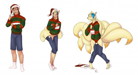 6_tails anthro beverage biped black_nose blonde_hair blue_eyes blue_highlights blush bottomwear bottomwear_around_legs breasts brown_hair christmas_clothing christmas_headwear christmas_sweater christmas_topwear clothed clothing clothing_around_legs clothing_on_ground digitigrade dipstick_tail eyewear female female_anthro footwear front_view fully_clothed fur gender_transformation genitals glasses growth hair hat headgear headwear highlights_(coloring) holding_bottomwear holding_clothing holding_object holding_pants holidays human_to_anthro ineffective_clothing knock-kneed logo looking_at_viewer looking_down looking_down_at_self male male_human markings mtf_transformation multi_tail open_mouth open_smile orange_body orange_fur oversized_clothing pants pants_around_legs plantigrade pokemorph santa_hat simple_background smile socks solo species_transformation standing sweater tail tail_growth tail_growth_in_pants tail_markings three_frame_sequence topwear torn_clothing transformation transformation_sequence vulva white_background yellow_body yellow_fur theeldertrinity christmas nintendo pokemon corey_volpe_(slyfox6414) canid canine fox generation_1_pokemon human mammal ninetales pokemon_(species) 2018 artist_logo colored sequence shaded