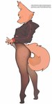 anthro bottomless clothed clothing eyebrow_piercing eyebrows eyelashes facial_piercing feet female fur hoodie inner_ear_fluff legwear looking_away looking_down no_underwear orange_body orange_fur pantsless pantyhose piercing slim solo standing text tiptoes topwear translucent translucent_clothing translucent_legwear tuft sverhnovapony dreamworks the_bad_guys diane_foxington canid canine fox mammal 2024 hi_res url