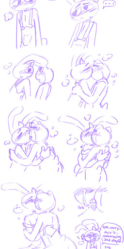 anthro blush bodily_fluids dialogue duo female female/female flustered hug kissing making_out tears curious_coyote glitch_productions the_amazing_digital_circus jax_(tadc) ribbit_(tadc) amphibian frog humanoid lagomorph leporid mammal rabbit absurd_res blue_and_white comic digital_media_(artwork) hi_res monochrome sketch trans_(lore) trans_woman_(lore)