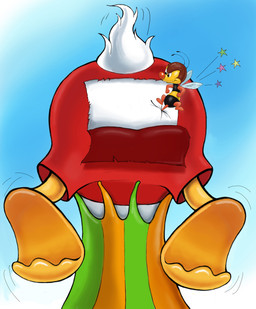 antennae_(anatomy) anthro bee_sting butt butt_focus clothing duo exposed_butt extreme_size_difference feathers insect_wings looking_at_another's_butt male monobutt pain size_difference smile stinger stuck swimming_trunks swimwear tail tail_feathers torn_clothing umbrella white_body white_feathers wings zdrer456 disney donald_duck spike_the_bee anatid anseriform arthropod avian bee bird duck hymenopteran insect absurd_res hi_res