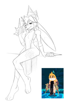anthro blonde_hair brown_body brown_fur clothed clothing female fur hair looking_at_viewer markings no_underwear sitting solo tabard tabard_only tan_body tan_fur white_body white_fur hush_button atlyss derby_(mrbuttonboi) lagomorph leporid mammal poon_(atlyss) rabbit hi_res monochrome