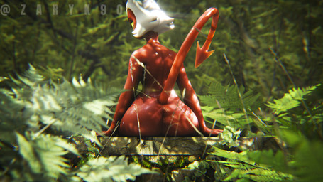 anthro big_butt bodily_fluids butt detailed_background forest forest_background grass hair horn looking_at_viewer looking_back male nature nature_background nude outside plant rear_view red_body solo sweat tail tree vines wall_(structure) white_hair yellow_eyes zaryk90 valorlynz_(modeler) hellaverse helluva_boss moxxie_(helluva_boss) demon humanoid imp 3d_(artwork) blender_(artwork) blender_cycles_(artwork) digital_media_(artwork) hi_res