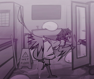 anthro apron bakery balls big_balls big_penis bodily_fluids calendar cleaning_tool clothing condom cum evening excessive_cum excessive_genital_fluids filled_condom food genital_fluids genitals hair huge_balls huge_penis hyper hyper_balls hyper_genitalia hyper_penis leaning leaning_forward long_hair long_tail male mop penis sexual_barrier_device shirt short_sleeves smile solo standing tail topwear tray wearing_condom wet_floor wet_floor_sign winged_arms wings conditional_dnp lodi_(artist) sam_(kauli) avian nevrean 6:5 hi_res restricted_palette