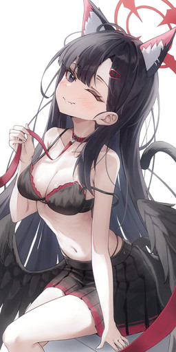 accessory animal_ears back_wings black_hair blue_eyes blush bottomwear breasts clothing collarbone ear_piercing ear_ring fangs feathered_wings feathers female fluffy_ears hair hair_accessory halo humanoidized leash long_hair looking_at_viewer medium_breasts midriff navel one_eye_closed piercing pointy_ears prick_ears raised_tail ring_piercing sitting skirt smile tail teeth underwear wings shj1998z blue_archive nakamasa_ichika animal_humanoid felid feline humanoid mammal absurd_res hi_res