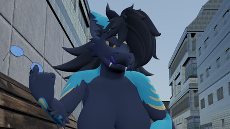 anthro arm_markings bench big_breasts black_body black_claws black_fur black_hair black_horn blue_body blue_fur breasts building casual_exposure claws clothed clothing concrete_wall ear_markings eyewear facial_markings featureless_breasts female first_person_view forehead_markings fur furniture glasses hair hair_over_eye head_markings horn licking licking_lips looking_at_viewer markings modern_architecture narrowed_eyes no_sclera nude nude_anthro nude_female on_bench outside pawpads purple_mouth purple_pawpads purple_tongue removing_glasses sitting sitting_on_bench sky snaggle_teeth snaggle_tooth solo teeth tongue tongue_out topless topless_anthro topless_female urban wall_(structure) wood wood_bench wood_furniture yellow_eyes yellow_markings k'braid nicoreda_(modeler) blender_eevee mythology sevan_(k'braid) dergodal dragon furred_dragon furred_drake furred_scalie mythological_creature mythological_scalie scalie 16:9 3d_(artwork) blender_(artwork) digital_media_(artwork) hi_res widescreen