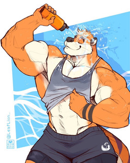 abs anthro arm_tattoo barazoku biceps black_bottomwear black_clothing black_shorts bottle bottomwear claws clothed clothing clothing_lift container countershade_torso countershading deltoids eyes_closed finger_claws fur grey_clothing grey_shirt grey_tank_top grey_topwear hair holding_bottle holding_container holding_object holding_water_bottle logo male markings muscular muscular_anthro muscular_male navel orange_body orange_fur orange_hair shirt shirt_lift shorts smile solo splash striped_markings striped_tail stripes tail tail_markings tan_body tan_countershading tan_fur tank_top tattoo topwear twitter_handle vein veiny_muscles water water_bottle whiskers wrist_tattoo ginkko zeke_(barazokudex) mammal mustelid otter 2024 artist_logo