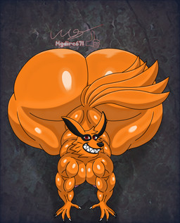 anthro biceps big_butt bubble_butt butt femboy fur huge_butt looking_at_viewer male multi_tail muscular muscular_anthro muscular_male nipples orange_body orange_fur pecs red_eyes sharp_teeth smile smiling_at_viewer solo tail teeth thick_thighs triceps wide_hips mgdire671 naruto naruto_(series) naruto_shippuden kurama canid canine fox fox_spirit mammal tailed_beast 2026 absurd_res digital_media_(artwork) hi_res
