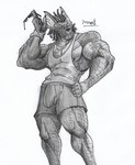 anthro anubis_cruger barazoku biceps big_muscles bottomwear bulge canid canine canis clothing collar domestic_dog ears_up eyewear fur hair hi_res lifeguard male mammal monochrome muscular muscular_anthro muscular_male nipples pants pecs pinumontbalou power_rangers power_rangers_spd scales sleeveless_shirt solo sunglasses whistle_(object)