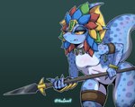 4_fingers anthro blue_body blush breasts claws cute_fangs eyelashes fangs featureless_breasts featureless_crotch female female_anthro finger_claws fingers hair holding_melee_weapon holding_object holding_polearm holding_spear holding_weapon melee_weapon mostly_nude multicolored_body multicolored_hair non-mammal_breasts polearm small_breasts solo spear tail teeth thick_thighs weapon hellcross total_war:_warhammer warhammer_(franchise) warhammer_fantasy thicc-thicc lizardman lizardman_(warhammer) reptile scalie skink_(warhammer_fantasy) 2023 digital_media_(artwork)