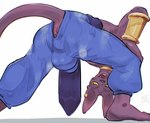 anthro anus barefoot biped bottomwear bracelet bulge bulge_from_behind butt clothing cute_fangs feet furgonomic_bottomwear furgonomics jewelry looking_back male open_mouth open_smile purple_body purple_tail rear_view simple_background smile solo tail white_background meatshaq dragon_ball dragon_ball_super beerus domestic_cat felid feline felis mammal absurd_res hi_res